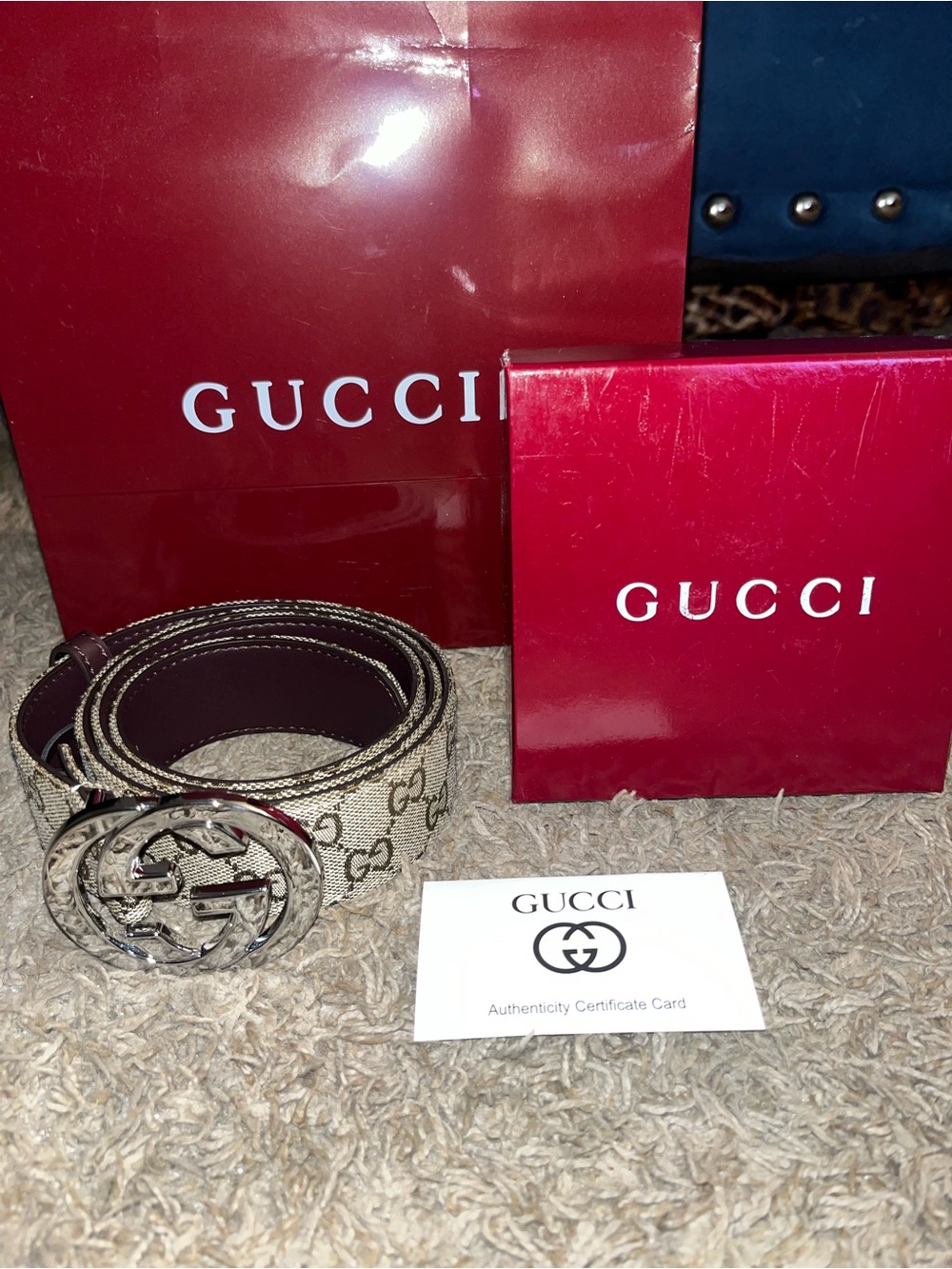 Gucci Beige GG Canvas Men’s Belt with Silver Double G Buckle